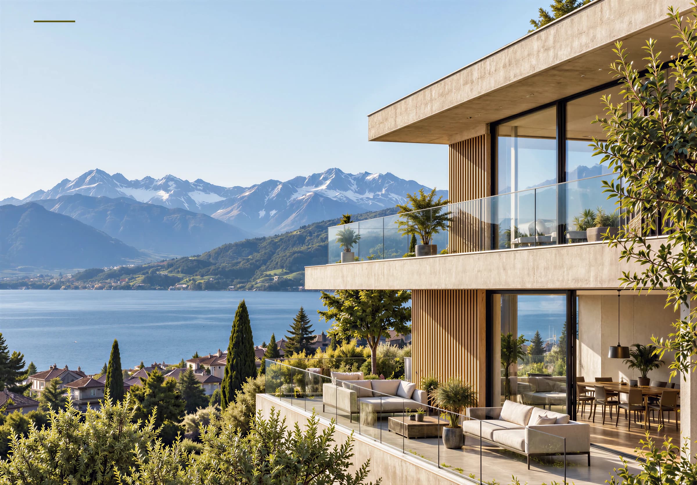 Contemporary residence with terraces overlooking a lake and the Alps
